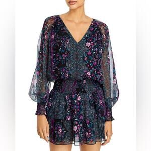Ramy Brook Logan Floral Long Puff Sleeve 100% Silk Mini Dress Women’s Size Small